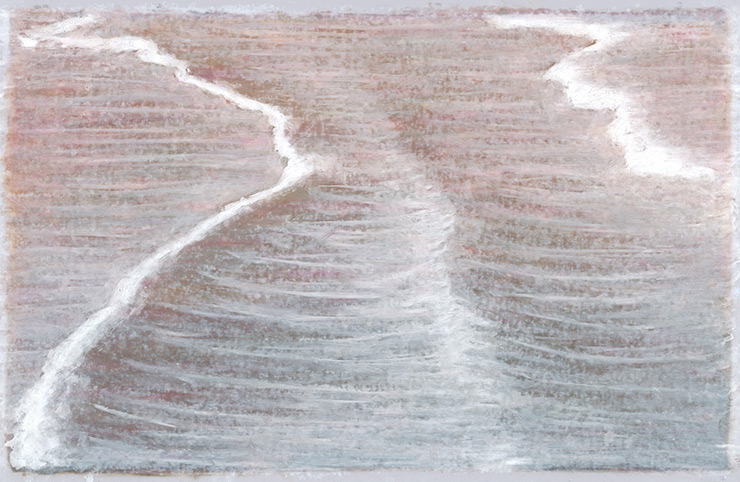 <어쩌면 우리에게 더 멋진 일이 있을지도 몰라>, 2021, OHP필름 위에 오일 파스텔, 21x29.7cm(파도 4장 겹침), 두산갤러리 서울.