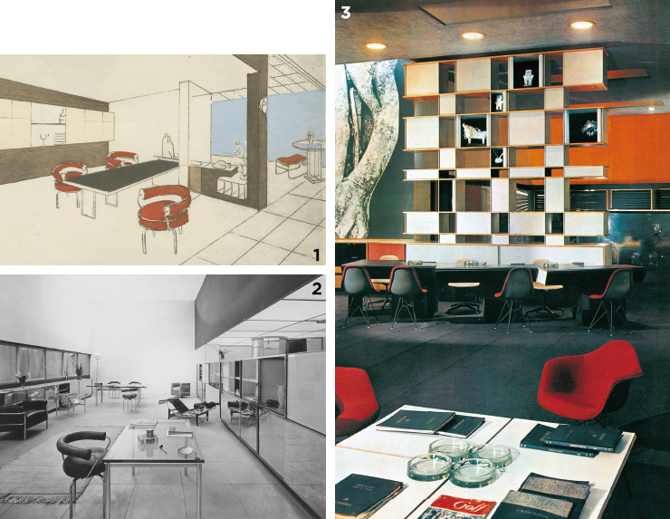 1 샤를로트 페리앙, 생-쉴피스 스튜디오 다이닝 룸-바,1927. ⓒ Adagp, Paris, 2019 ⓒ Archive Charlotte Perriand. 2 르 코르뷔지에, 피에르 잔느레, 샤를로트 페리앙이 디자인한 거주 공간 내부 설치 전경, 살롱 도톤느 전시,1929. ⓒ F.L.C. / Adagp, Paris, 2019 ⓒ Archive Charlotte Perriand. 3 샤를로트 페리앙이 디자인한 런던 소재의 에어 프랑스 사무실, 1957. ⓒ Adagp, Paris, 2019 ⓒ Gaston Karquel / Archives Charlotte Perriand. 