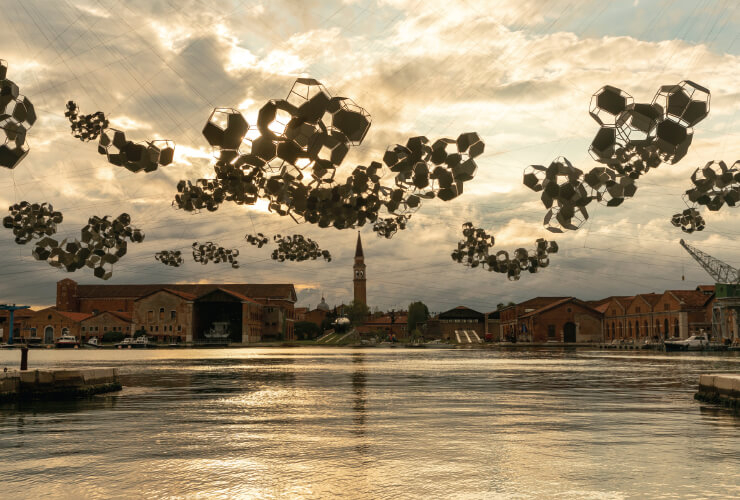 ‘Aero(s)cene: When breath becomes air, when atmospheres become the movement for a post fossil fuel era against carbon-capitalist clouds’, 2019 Installation view of ‘On the Disappearance of Clouds’, 2019 at the 58th International Art Exhibition - La Biennale di Venezia. Courtesy the artist; Aerocene Foundation; Andersen’s, Copenhagen; Ruth Benzacar, Buenos Aires; Tanya Bonakdar Gallery, New York / Los Angeles; Pinksummer Contemporary Art, Genoa; Esther Schipper, Berlin. © Photography by Studio Toma´s Saraceno, 2019