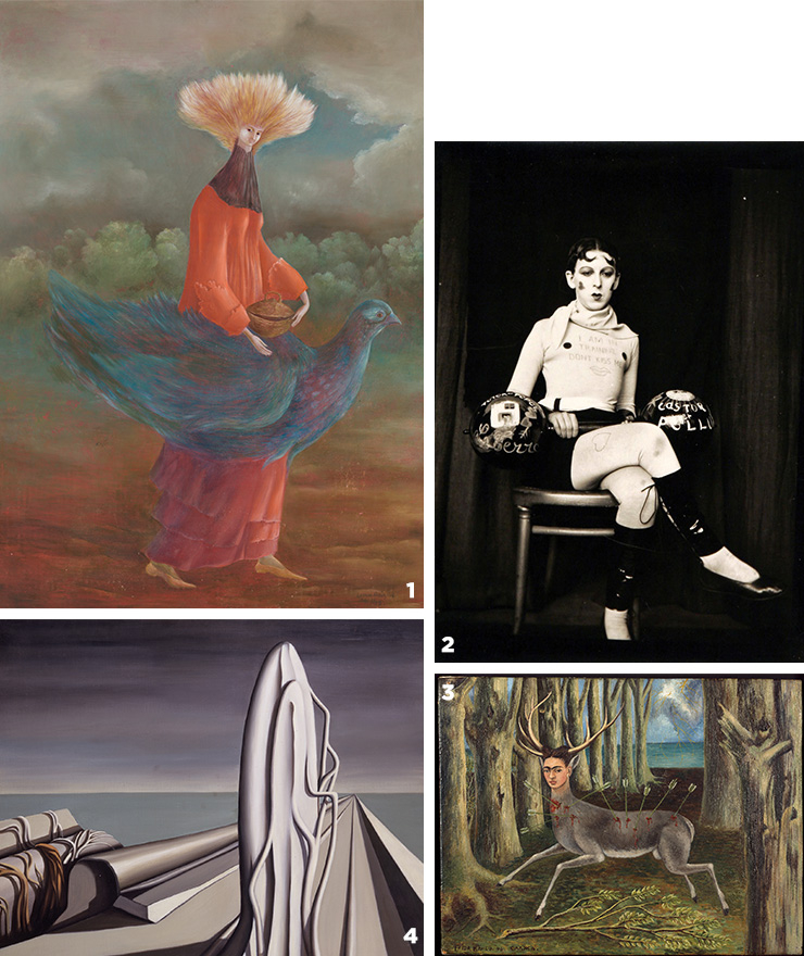 1 Leonora Carrington, <Portrait of the late Mrs. Partridge>, 1947, Oil on wood, 100.3x69.9cm. Private Collection ⓒ Leonora Carrington / VISDA 2019 Photo: Nathan Keay, ⓒ MCA Chicago 2 Claude Cahun, <Self-portrait (I am in Training... Don’t Kiss Me)>, 1927, Vintage gelatin silver print, 11.7x8.9cm. Private Collection ⓒ Claude Cahun 3 Frida Kahlo, <The Little Deer>, 1946, Oil on masonite, 22.5x30.3cm. Private Collection ⓒ Banco de Mexico Diego Rivera Frida Kahlo Museum Trust / VISDA 2019. Photo: Nathan Keay, ⓒ MCA Chicago 4 Kay Sage, <At the Appointed Time>, 1942, Oil on canvas, Newark Museum of Art, Bequest of Kay Sage Tanguy, 1964. ⓒ Estate of Kay Sage/VG Bild-Kunst, Bonn 2020