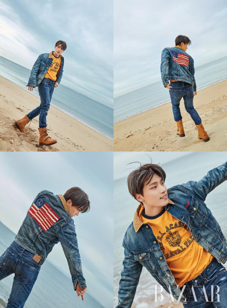 데님 재킷, 티셔츠, 팬츠, 콤배트 부츠는 모두 Polo Ralph Lauren.
