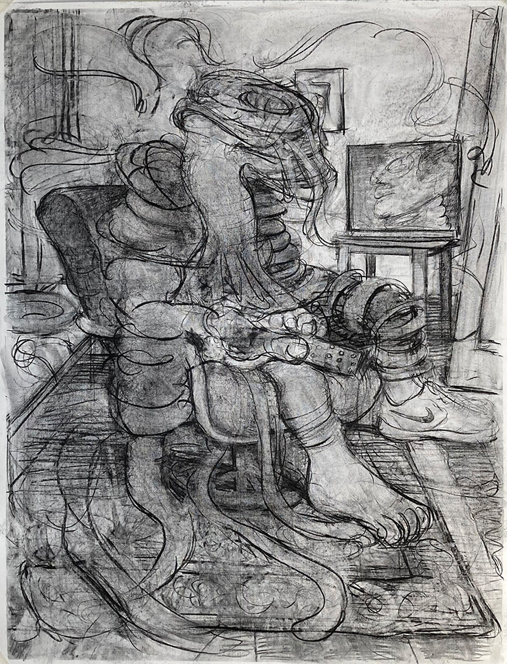 Adrian Ghenie, <Figure with Remote Control 2>, 2022, Charcoal on paper, 130x100cm. © Adrian Ghenie