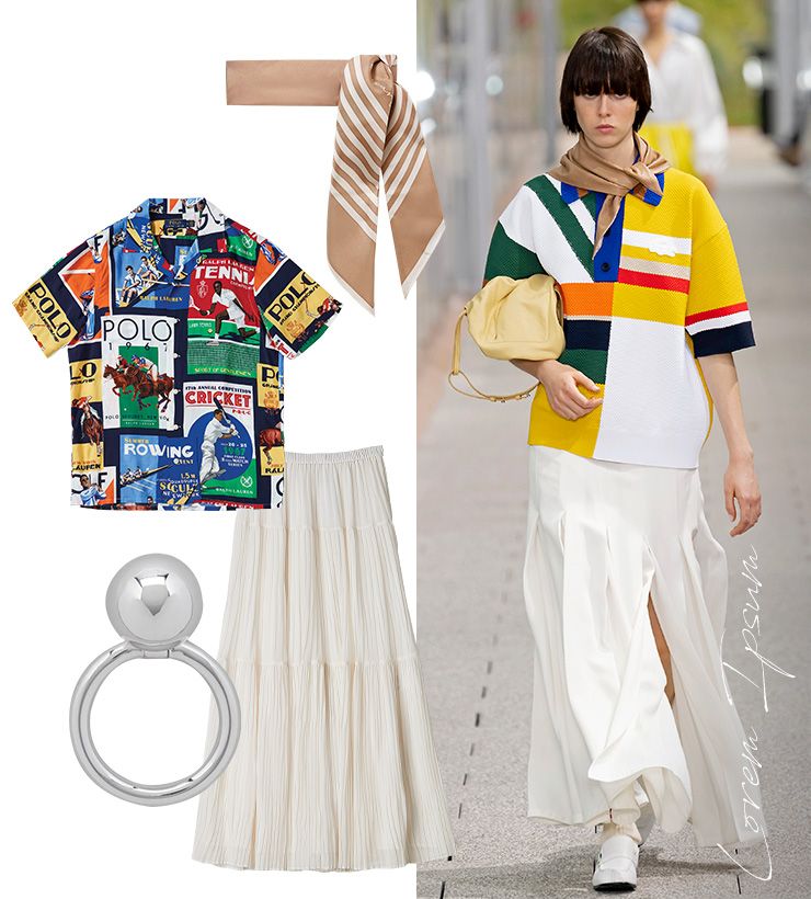 (위부터) 스카프는 가격 미정 Lescarf by Net-A-Porter. 패턴 셔츠는 가격 미정 Polo Ralph Lauren. 반지는 11만5천원 Cos. 플리츠 스커트는 29만8천원 Club Monaco.