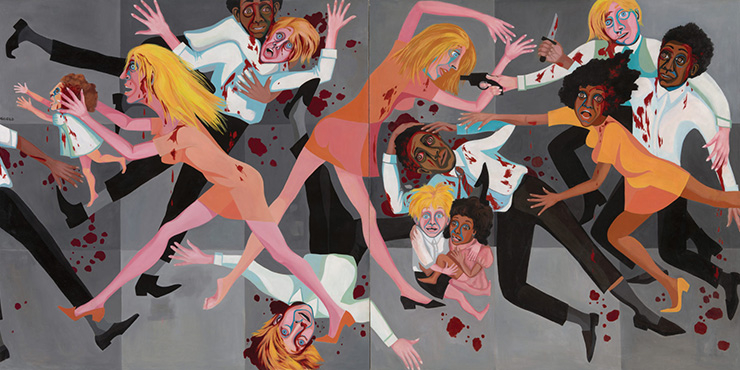 Faith Ringgold,?<American People Series #20: Die>, 1967, Oil on canvas, two panels, 182.9 x 365.8 cm. The Museum of Modern Art, New York. Acquired through the generosity of The Modern Women’s Fund, Ronnie F. Heyman, Eva and Glenn Dubin, Lonti Ebers, Michael S. Ovitz, Daniel and Brett Sundheim, and Gary and Karen Winnick