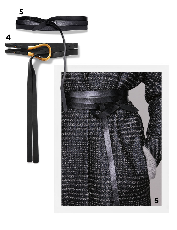 4 루프 모양 버클 벨트는 Bottega Veneta by Net-A-Porter. 5 레더 벨트는 Isabel Marant. 6 체크 코트는 Herno. 이너 니트 톱은 Lafayette 148 New York. 레더 벨트는 Isabel Marant.