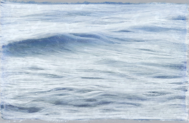 <어쩌면 우리에게 더 멋진 일이 있을지도 몰라>, 2021, OHP필름 위에 오일 파스텔, 21x29.7cm(파도 4장 겹침), 두산갤러리 서울.