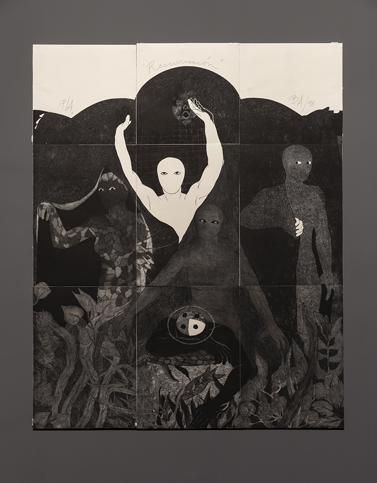 Belkis Ayón, <Resurrección>, 1998, Collography on paper, 9 sheets, 263 x 212cm.Courtesy Watch Hill Foundation and von Christierson Family Photo by: Roberto Marossi