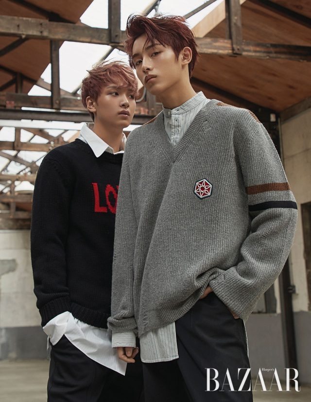 해찬이 입은 니트는 Fendi, 셔츠는 Vetments×Brioni, 팬츠는 Neil Barrett 제품. 윈윈이 입은 니트와 팬츠는 모두 Lanvin, 스트라이프 셔츠는 Maison Margiela 제품.