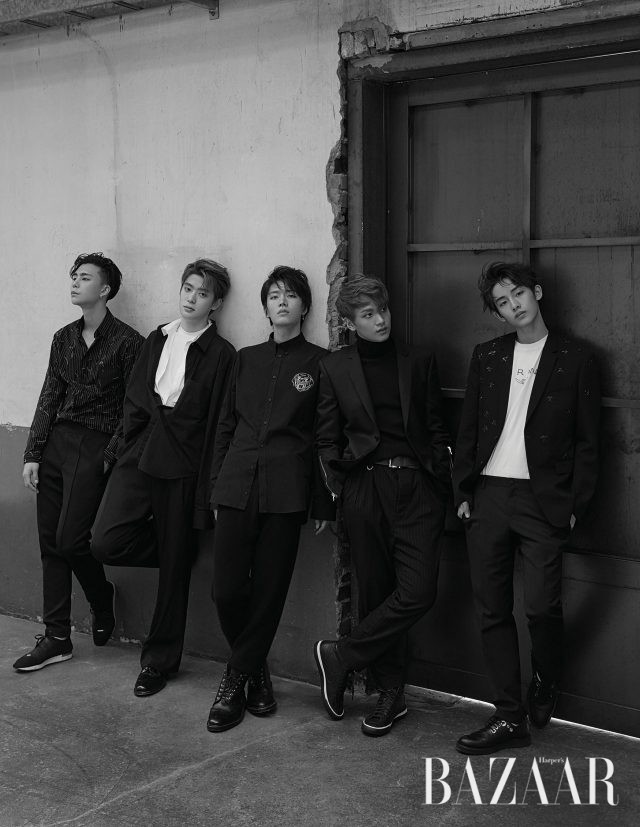 쟈니가 입은 셔츠는 Dior Homme, 팬츠는 Neil Barrett, 스니커즈는 Balenciaga 제품. 재현이 입은 블랙 셔츠는 Vetments, 화이트 셔츠는 Dior Homme, 티셔츠는 10 Corso Como, 팬츠는 Lemaire, 슈즈는 Unipair 제품. 유타가 입은 로트와일러 모티프 셔츠는 Givenchy by Riccardo Tisci, 팬츠는 Bottega Veneta, 슈즈는 Thom Browne 제품. 해찬이 입은 재킷은 Givenchy by Riccardo Tisci, 터틀넥은 Jil Sander, 팬츠는 Lanvin, 벨트는 Burberry, 슈즈는 Comme des Garcons 제품. 윈윈이 입은 재킷은 Dior Homme, 티셔츠는 Balenciaga, 팬츠는 Dolce & Gabbana, 슈즈는 Carven 제품.