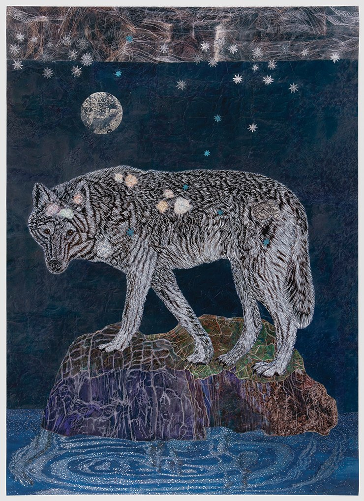 <Long Night Moon>, 2023, Aqueous archival inkjet, acrylic archival inkjet, white gold leaf on Hahnemüle rag paper, 152.4x109.2cm. © Kiki Smith, Courtesy of Pace Gallery
