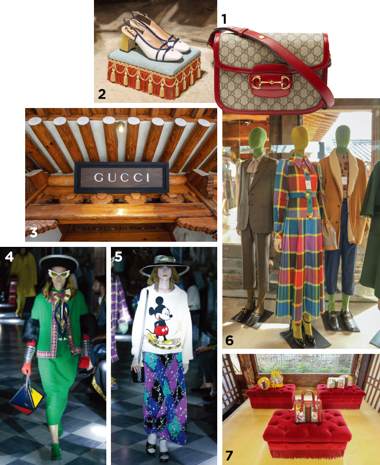 1 새롭게 선보이는 ‘1955 호스빗’ 백. 2 매력적인 디자인, 편안한 착화감까지 갖춘 슬링백 슈즈. 3 어니언 카페 대문에 걸린 ‘GUCCI’ 현판. 4,5 미켈레의 위트를 엿볼 수 있는 크루즈 룩들. 6 한옥과 절묘하게 어우러진 구찌의 2020 크루즈 컬렉션 룩들. 7 온돌방에 놓인 구찌 데코 컬렉션과 가방들.