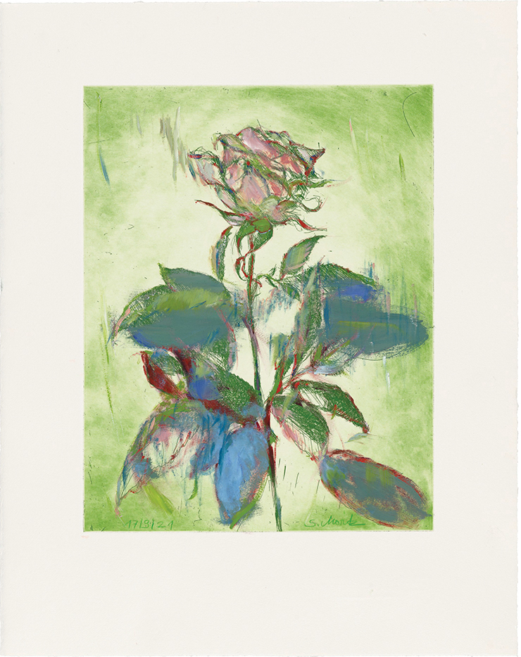 <Rose 17/9/21>, 2021, Oil, oil crayon on etching, 47.5x37.5cm.