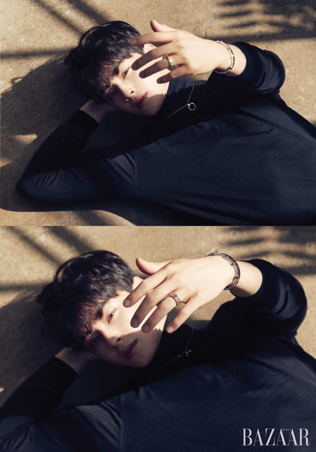 다이아몬드가 세팅된 18K 화이트 골드의 ‘저스트 앵 끌루’ 네크리스, 너트와 볼트에서 영감받은 ‘에크루 드 까르띠에’ 브레이슬릿, 18K 화이트 골드의 ‘러브’ 브레이슬릿, 다이아몬드가 세팅된 ‘러브’ 링은 모두 Cartier. 터틀넥은 Lanvin. 팬츠는 Prada.