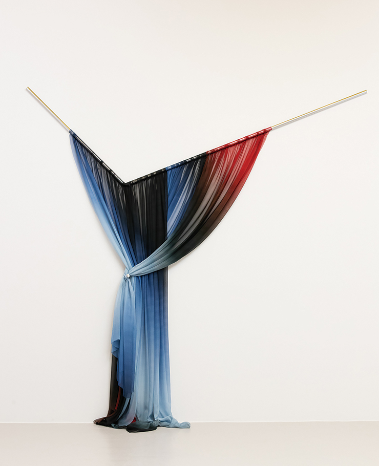 Justin Morin, <How to Drape the Terminator 2 Movie Poster>, 2020, Chromed steel and printed silk, 263x275x20cm.