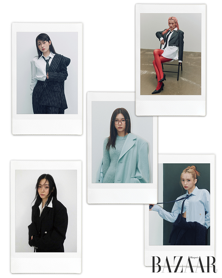 (김채현) 셔츠, 재킷, 팬츠, 타이는 모두 Alexander McQueen. 헤어핀은 에디터 소장품. (샤오팅) 크롭트 재킷, 힐은 Cos. 셔츠 드레스는 Pushbutton. 타이, 스타킹은 에디터 소장품. (김다연) 니트 원피스, 오버사이즈 코트는 Ami. 안경은 Tom Ford by DK. (마시로) 크롭트 셔츠는 Maisonmarais. 허리에 두른 스웨터, 스커트는 Ami. 타이는 에디터 소장품. (서영은) 셔츠가 레이어드된 재킷은 Ych.