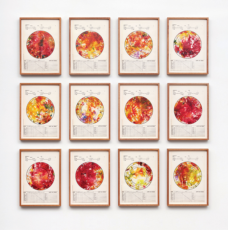  Gala Porras-Kim, <Kismet Futures(25-36)>, 2022, Encaustic on paper, mahogany frame, 32x22cm.