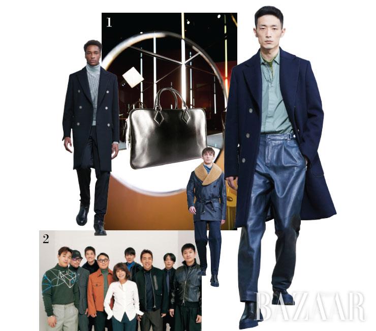  1 베로니크 니샤니앙과 이번 쇼에 선 ‘보통의 남자들’. (왼쪽부터) 뮤지션 헨리, 포토그래퍼 홍장현, 배우 유지태, 카카오 대표 여민수, 수영선수 박태환, 셰프 샘킴, <데이즈드> 편집장 이현범, 뮤지션 장기하. 2 4개의 양면 거울로 이루어진 상자 속에 디스플레이된 브리프케이스.