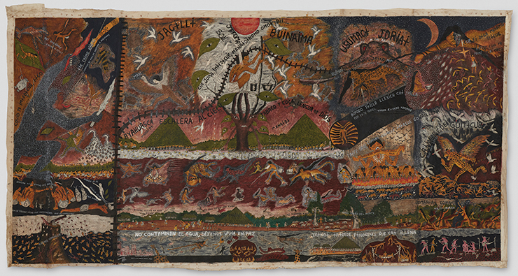 Santiago Yahuarcani, <Huitoto cosmovision (Cosmovisión Huitoto)>, 2022, Natural dyes and paints on tree bark. 210x410cm. Courtesy of the artist and Crisis Galería.