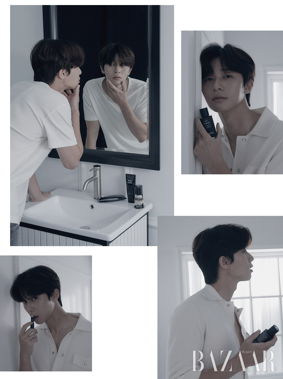 티셔츠는 Lemaire. 팬츠는 Calvin Klein jeans. 셔츠는 Barrie.