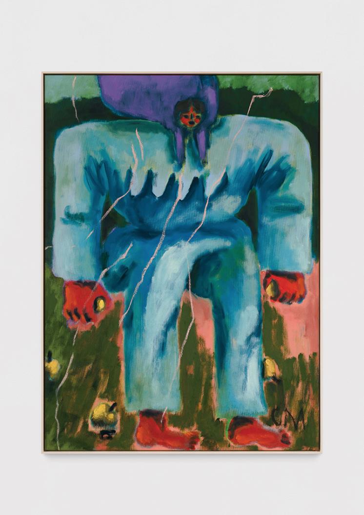 Conny Maier, <Zorn 7 mit Apfel/ Apfelwickler>, 2023. Oil, oil stick, pigment on canvas, 150x110cm. © Société