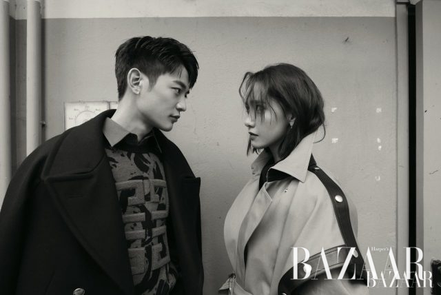 민호가 입은 피코트, 로고 장식 니트, 셔츠, 팬츠, 윤아가 입은 오버사이즈 실루엣의 트렌치코트, 이너로 입은 셔츠, 골드 귀고리는 모두 Givenchy 제품.