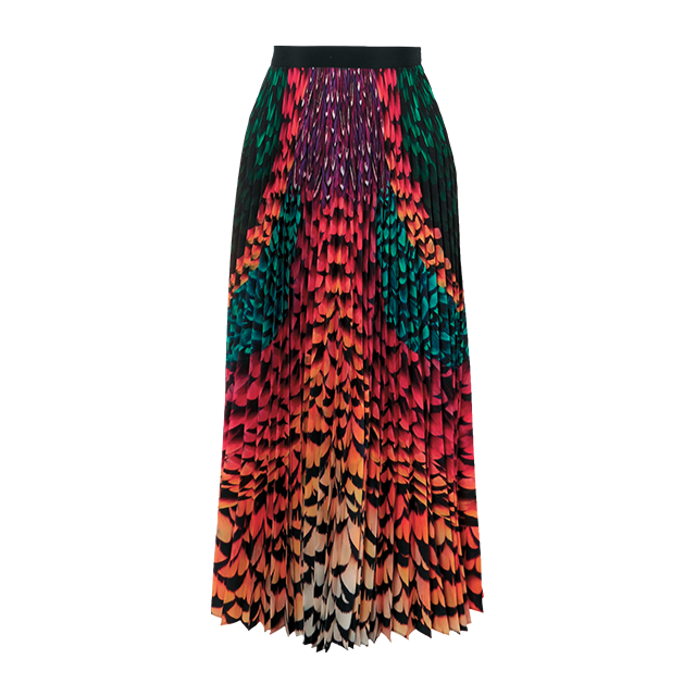 깃털 프린트가 매력적인 플리츠 스커트는 Mary Katranzou 