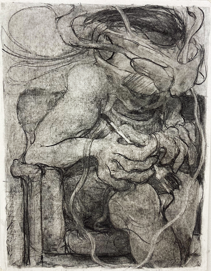 Adrian Ghenie, <Self-Portrait with Paintbrush>, 2022, Charcoal on paper, 65x50cm. © Adrian Ghenie