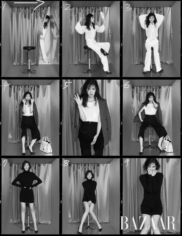 : (가운데 줄) 티셔츠, 스틸레토 힐, 백은 모두 Saint Laurent, 팬츠는 Vivienne Westwood, 더블 코트는 Joseph, 선글라스는 Linda Farrow by Handok 제품.