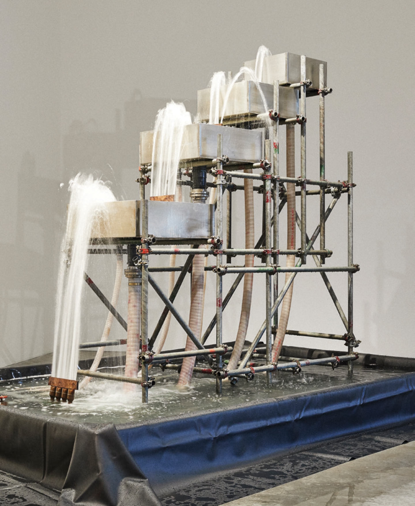 'Reversed waterfall', Scaffolding, steel, water, wood, plastic sheet, pump, hose, 312×278×160cm, 1998