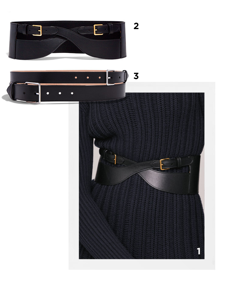 1 니트 드레스는 Gabriela Hearst. 골드 버클 벨트는 Altuzarra. 2 골드 버클 벨트는 Altuzarra. 3 실버 버클 벨트는 Alexander McQueen.