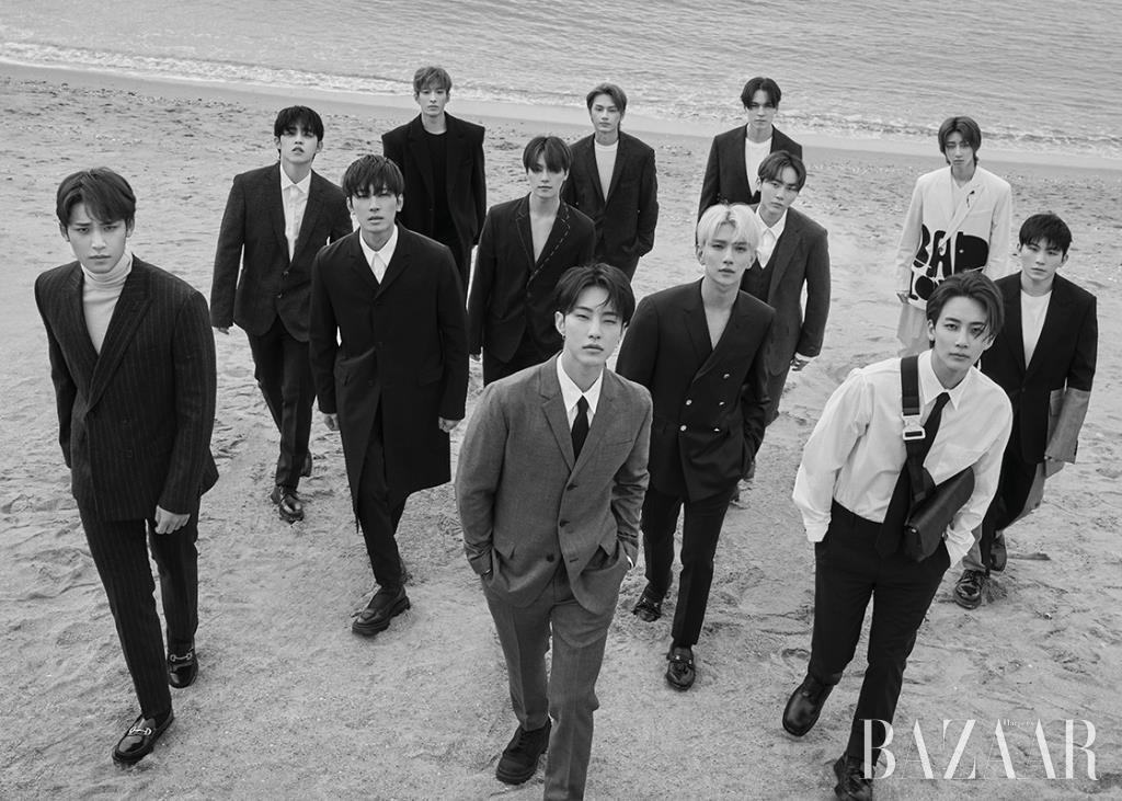민규가 입은 재킷, 팬츠는 Hugo Boss. 터틀넥 톱은 Ermenegildo Zegna. 로퍼는 Dior Men. 에스쿱스가 입은 재킷, 팬츠는 Hugo Boss. 셔츠, 슈즈는 Polo Ralph Lauren. 원우가 입은 의상은 Prada. 부츠는 Givenchy.  도겸이 입은 코트는 Juun.J. 니트 톱, 팬츠는 Tod’s. 호시가 입은 의상은 Prada. 디노가 입은 재킷, 팬츠는 Givenchy. 준이 입은 재킷은 Hugo Boss. 니트 톱은 Ermenegildo Zegna. 팬츠는 Polo Ralph Lauren. 조슈아가 입은 재킷, 팬츠는 Thom Browne. 로퍼는 Gucci. 승관이 입은 의상은 모두 Polo Ralph Lauren. 버논이 입은 의상은 모두 Fendi. 정한이 입은 의상은 Prada. 벨트 백은 Dior Men. 우지가 입은 재킷, 팬츠는 Alexander McQueen. 슈즈는 Off-White™. 디에잇이 입은 의상은 모두 Valentino. 브로치는 Valentino Garavani.