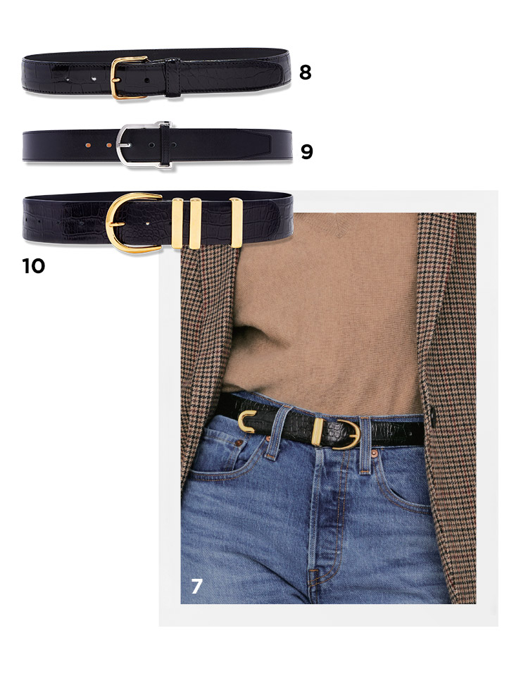7 체크 블레이저는 Nili Lotan. 스웨터는 Marciano by Guess. 데님 진은 Levi’s. 벨트는 Khaite. 8 사각 버클 벨트는 The Row. 9 실버 버클 벨트는Hermès. 10 라운드 버클 벨트는 Khaite.