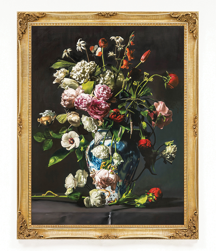 <Bouquet of Flowers in the White Porcelain Jar with a Blue Dragon and Gems>, 2019, Oil on linen in frame, 165.5x132x6.5cm. Courtesy of the artist and Gallery Hyundai