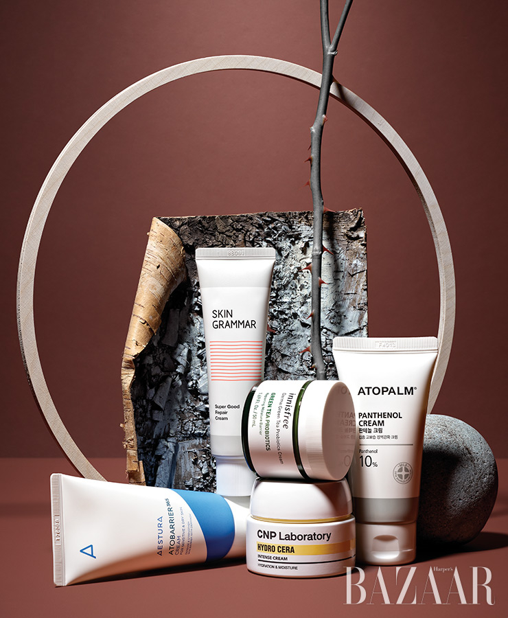 (왼쪽부터) Aestura 아토베리어365 크림 2만8천원. Skin Grammar 슈퍼 굿 리페어크림 3만3천원. Innisfree 더마 그린티 프로바이오틱스 크림 2만5천원대. Cnp Laboratory 하이드로 세라 인텐스 크림 4만5천원. Atopalm 판테놀 크림 3만8천원.