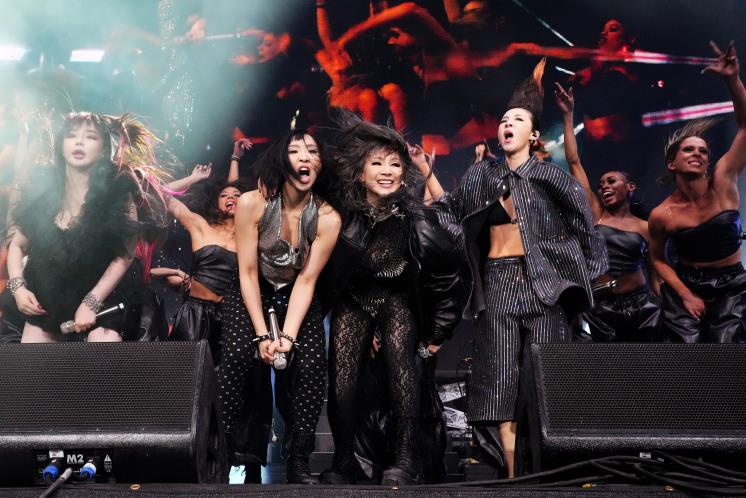 INDIO, CALIFORNIA - APRIL 16: (L-R) Bom, Minzy, CL, and Dara of 2NE1 perform with 88rising onstage at the Coachella Stage during the 2022 Coachella Valley Music And Arts Festival on April 16, 2022 in Indio, California. (Photo by Kevin Mazur/Getty Images for Coachella)