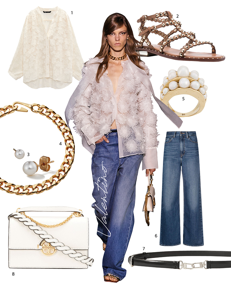1. 셔츠는 5만원대 Zara. 2.스터드 스트랩 샌들은 38만원대 Ash by Farfetch. 3. 귀고리는 9만원대 Panache Chasunyoung 4. 체인 목걸이는 31만원대 Portrait Report. 5. 반지는 56만원대 Goossens. 6. 데님 팬츠는 22만원대 Levi’s. 7. 벨트는 45만원대 Totême. 8. 톱 핸들 백은 66만원대 Tory Burch.