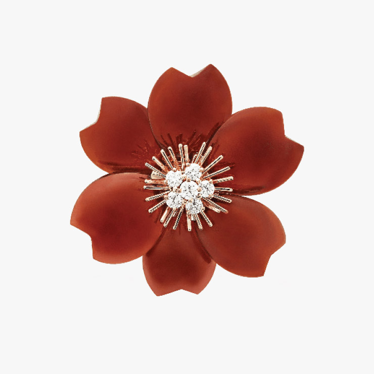 레드 스톤과 다이아몬드로 만개한 크리스마스 장미를 표현한 ‘로즈 드 노엘 클립’은 Van Cleef & Arpels.