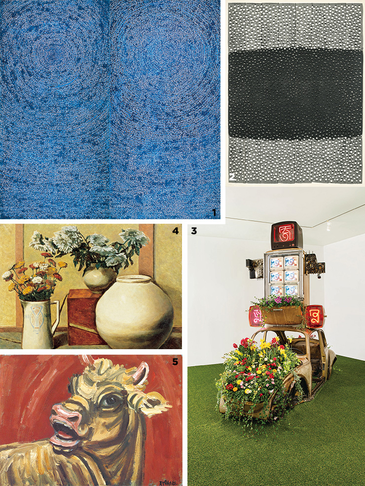 1 김환기, <우주 05-IV-71 #200>. 2 권영우, <무제>. 3 백남준, <마르코 폴로>. 4 도상봉, <정물>. 5 이중섭, <황소>.
