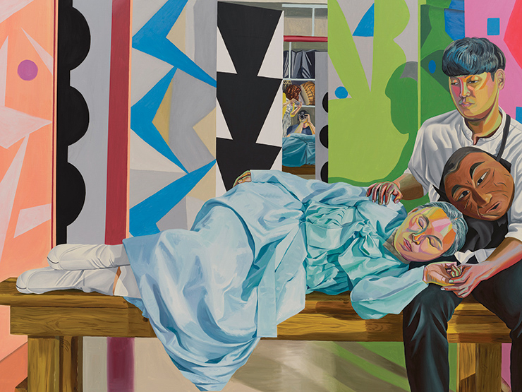 Aliza Nisenbaum, <Shin-myeong, ‘Someday in Spring’, Dress Rehearsal>, 2022, Oil on linen. 2 panels, 190.5x241.3cm each. Courtesy of the artist and Anton Kern Gallery, New York. Photo: Thomas Barratt. © Aliza Nisenbaum