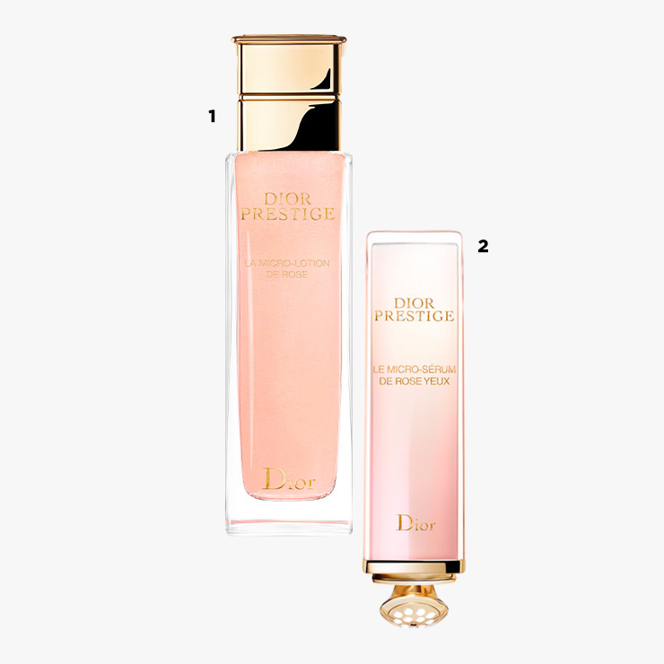 1 Dior 프레스티지 마이크로-로션 드 로즈 14만5천원. 2 Dior 프레스티지 마이크로-세럼 드 로즈 이으 23만5천원.