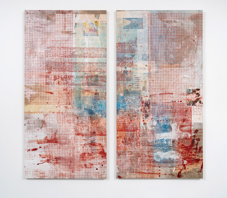 Mandy El-Sayegh, <Casket Seal>, 2021, Oil and mixed media on silkscreened linen, (panel 1) 156x80cm, (panel 2) 156x76cm, Courtesy the artist and Lehmann Maupin, New York, Hong Kong, Seoul, and London. Photo by Damian Griffiths.