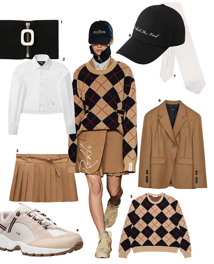 1 넥 밴드는 23만원 JW Anderson. 2 크롭트 셔츠는 36만원대 Homme Girls by Mue. 3 플리츠 스커트는 5만원대 Zara. 4 스니커즈는 56만원대 NikexJacquemus. 5 아가일 니트는 23만원대 Angelo Bianco. 6 재킷은 49만원대 Ava Molli. 7 실크 니트 넥타이는 24만원대 Lardini by Farfetch. 8 볼캡은 9만원대 Verutum.