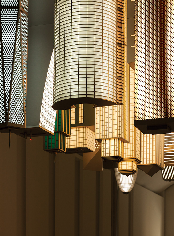 엘름그린 & 드라그셋(b.1961, b.1969), <City in the Sky> (detail), 2019, Stainless steel, steel, aluminium acrylic glass, LED lights, 400x500x220cm, Courtesy of the Artists, Kukje Gallery, Massimo De Carlo, and Perrotin. ≪오! 마이시티≫ 전시 전경, 파라다이스 아트스페이스, 인천. 사진: 박명래