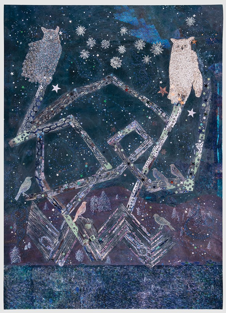 <Winter Twilight>, 2023, Aqueous archival inkjet, Acrylic archival inkjet, White gold leaf on Hahnemüle rag paper, 152.4x109.2cm. © Kiki Smith, Courtesy of Pace Gallery