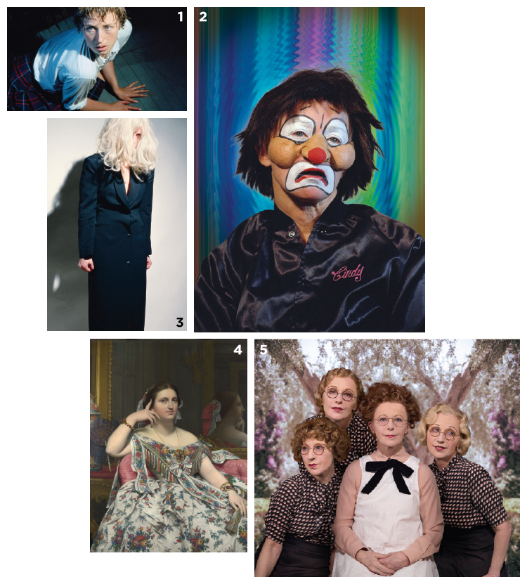  1 ‘Untitled #92’, 1981. 2 ‘Untitled #413’, 2003. 3 ‘Untitled #122’, 1983. 4 셔먼이 패러디한 앵그르의 ‘모아테시에 부인의 초상’. 5 ‘Untitled #577’, 2016-2018.