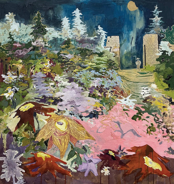 피에르 크놉, <Jardin I>, 2022, Oil, ink, acrylic and crayon on canvas, 95x95cm.