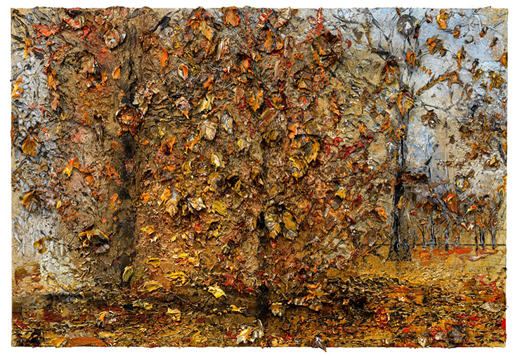 <Herbst, Für R. M. Rilke>, 2022, Émulsion, oil, acrylic, shellac, lead leaf and rope on canvas, 190x280cm. photo: George Poncet