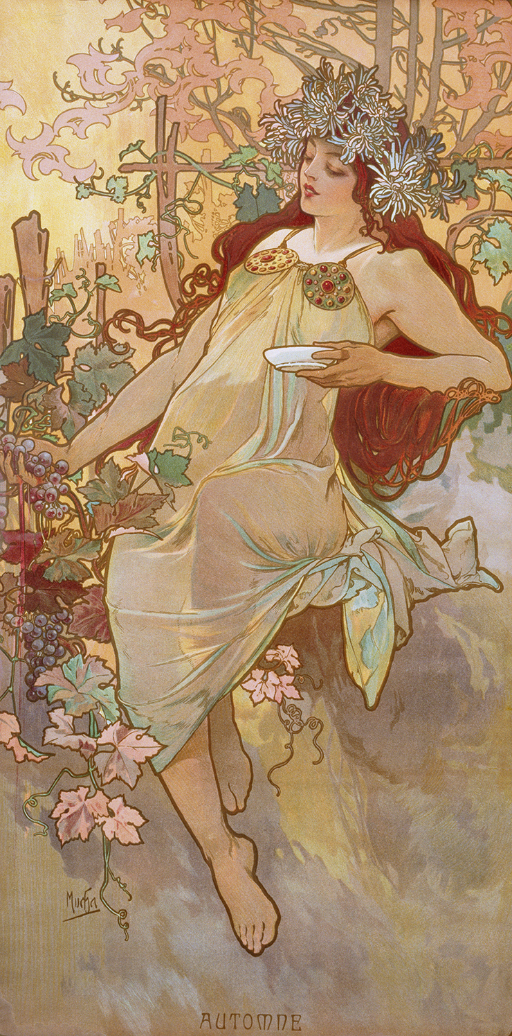 <The Seasons: Autumn>, 1896, Colour lithograph, 103x54cm. © Mucha Trust