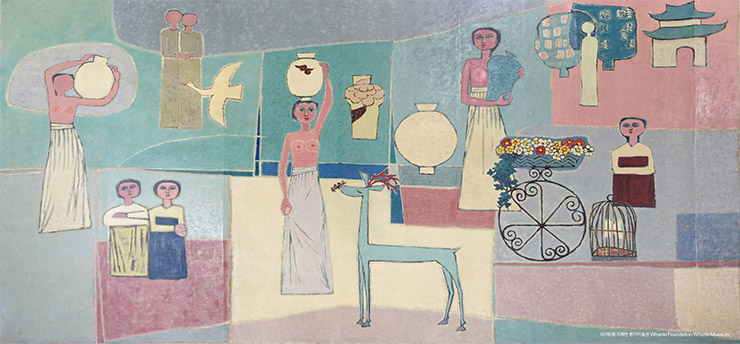 김환기, <여인들과 항아리>, 1950년대, 캔버스에 유채, 281.5x567cm.