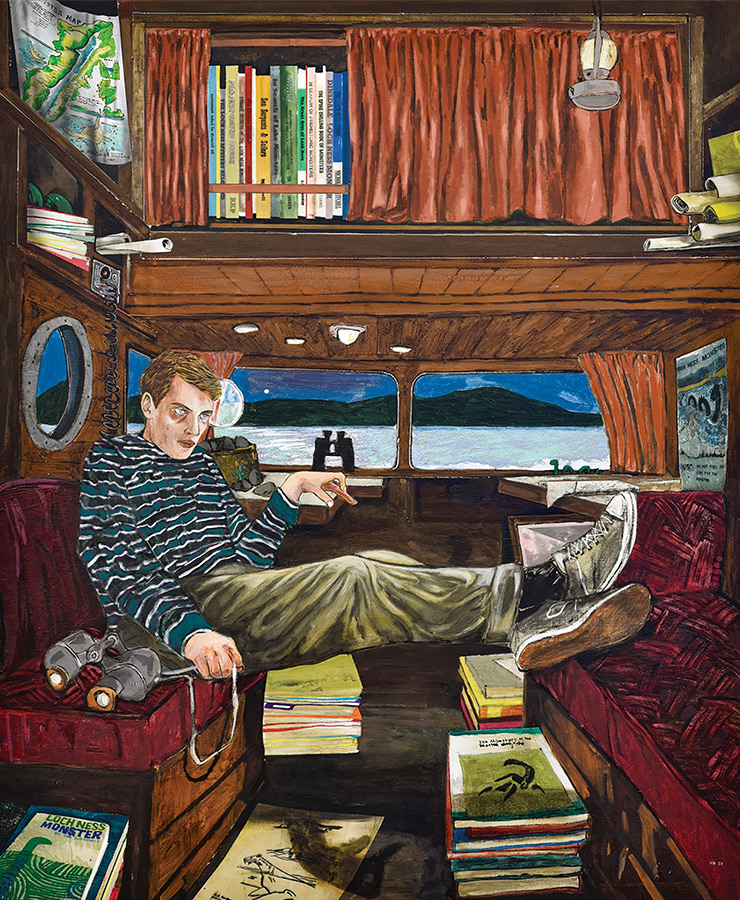 <The Monster Hunter(or, Desperately Seeking Nessie)>, 2020, Acrylic, ink transfers and distemper on linen, 183x152.5cm.